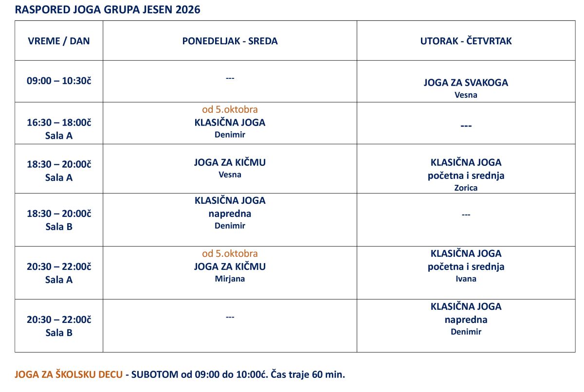 RASPORED JOGA GRUPA JESEN 2026